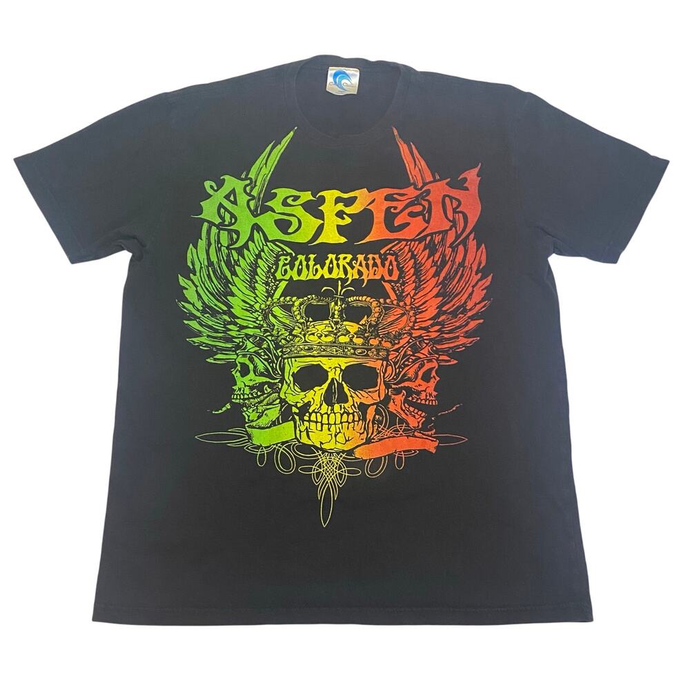 VTG Y2K Coastal Classics Aspen Colorado T-Shirt Gradient Blk Grunge Skull Wings